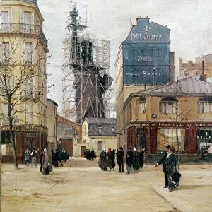 STATUE OF LIBERTY, c1884. Statue of Liberty in scaffold outside the Foundry, Rue de Chazelles, Paris, France. Oil on canvas, c1884, by Victor Dargaud