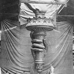 STATUE OF LIBERTY, PARIS. The torch of the statue at the Monduit and Bechet workshop in Paris, France, c1883