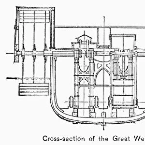STEAMSHIP: GREAT WESTERN. Cross section, showing engines and wheels, of the British steamship SS Great Western, launched in 1838
