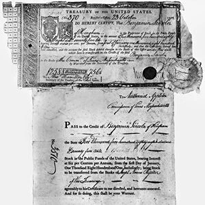STOCK CERTIFICATE, 1792. A share of stock and a certificate of ownership issued