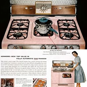STOVE ADVERTISEMENT, 1957. New Kenmore Ranges from Sears! Advertisement for a Sears Kenmore automatic gas range, from an American magazine, 1957