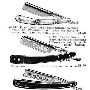 STRAIGHT RAZORS, 1895. Advertisement from the Montgomery Ward & Company catalogue of 1895. Line engraving