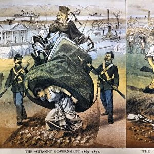 The Strong Government / The Weak Government. American cartoon, 1880, comparing the Reconstruction policies of President Ulysses S. Grant (left) and Rutherford B. Hayes
