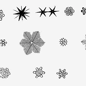A study of snowflakes, each different from the other, by English scientist, Robert Hooke. Copper engraving from Hookes Micrographia, London, England, 1665