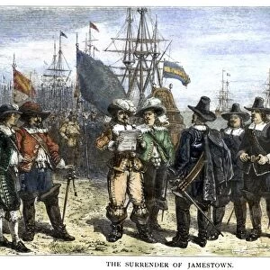 SUBMISSION OF JAMESTOWN. Governor William Berkeley and other colonial leaders at Jamestown, Virginia, submit to the authority of commissioners sent from London by the Commonwealth government, 1652. Color engraving, American, 1878, after a drawing by Alfred R. Waud
