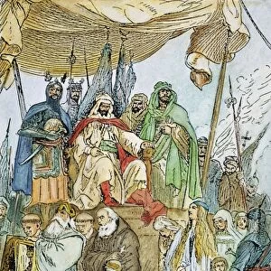 SULTAN SALADIN (1138-1193) Sultan of Egypt and Syria. Showing mercy towards the Christians of Jerusalem after his conquest of the city in 1187. Line engraving, late 19th century