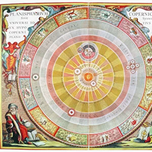 With the sun at the center; Copernicus appears at lower right and Ptolemy at lower left. Copperplate engraving from Andreas Cellarius Atlas Coelestis seu Harmonia Macrocosmica, published in 1660 in Amsterdam