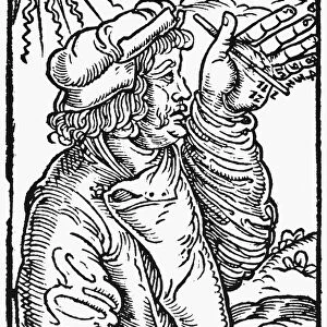 SUNDIAL, 1532. A man using his hand as a sundial. Woodcut, Mainz, 1532, by Jacob Kobel
