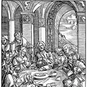 THE LAST SUPPER. Jesus and his disciples at the Last Supper (John 13). Woodcut