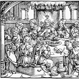 THE LAST SUPPER. Jesus and his disciples at the Last Supper. Woodcut, German, c1526