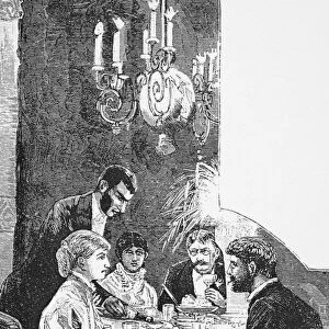 Supper after the opera. Wood engraving, late 19th century