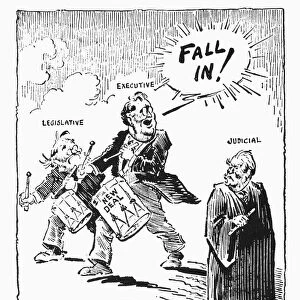 The Supreme Court under Pressure. President Franklin D. Roosevelt tells the old men of the Supreme Court to get in step with his New Deal legislative efforts. Cartoon by O. Seibel, 1937