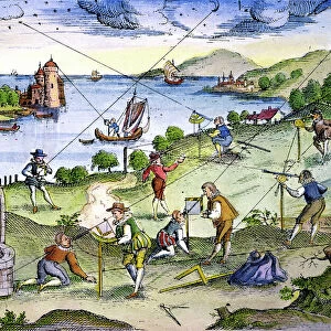 SURVEYORS. Surveyors at work on land and sea. Colored German engraving, 1594