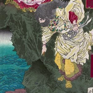 Susanoo no Mikoto, Shinto god of storms, standing by a woman on the edge of a cliff, pointing towards the sea. Woodcut by Yoshitoshi Taiso, late 19th century