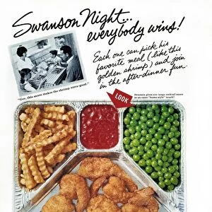 Swanson Night... everybody wins! Advertisement for Swansons TV dinners from an American magazine, 1963