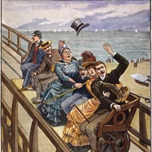 SWITCHBACK RAILWAY, 1886. The first roller coaster in the United States, located in Coney Island, offered one-minute rides for a nickel. Colored engraving, 1886