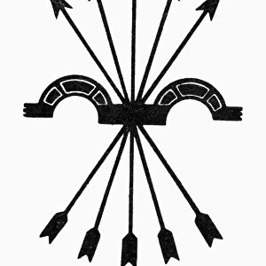 SYMBOL: FALANGISM. Arrows and yoke. Symbol of falangism. Woodcut
