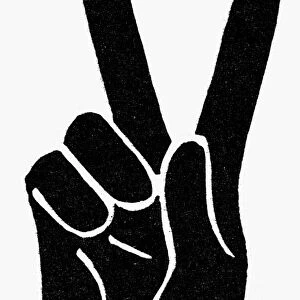 SYMBOL: VICTORY. V for Victory hand sign used by Winston Churchill. Woodcut