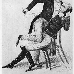 Symptoms of a Locked Jaw / Plain Sewing Done. American cartoon comment, c1834, on the passage by the U. S. Senate of Henry Clays resolution to censure President Andrew Jackson for his fight against the Bank of the United States