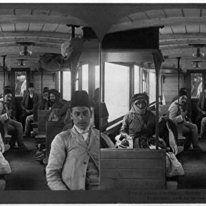 SYRIA: TRAIN, c1908. Third class carriage, Sultans Railway, Syria. Stereograph