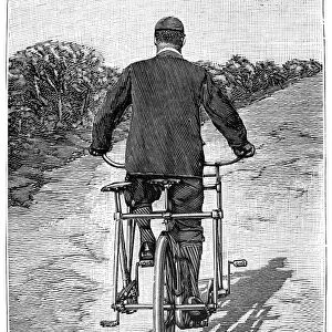 TANDEM BICYCLE, 1896. Rear view of the French sociable tandem. Wood engraaving, French, 1896