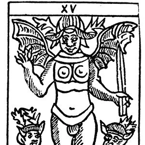 TAROT CARD: THE DEVIL. The Devil (Disease). Woodcut, French, 16th century