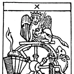 TAROT CARD: FORTUNE. The Wheel of Fortune (Fate). Woodcut, French, 16th century