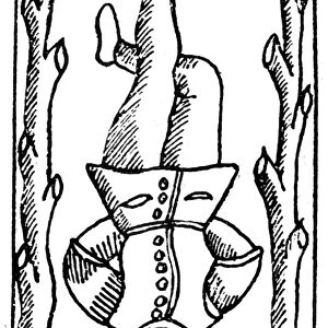 TAROT CARD: HANGED MAN. The Hanged Man. Woodcut, French, 16th century