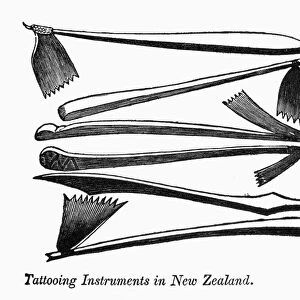 TATTOOING INSTRUMENTS. New Zealand. Wood engraving, 19th century