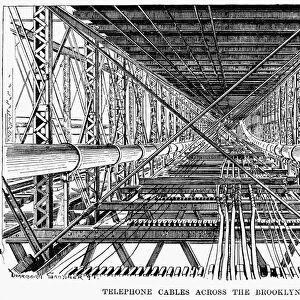 TELEPHONE CABLES, 1891. Telephone cables across the Brooklyn Bridge. Line engraving, 1891