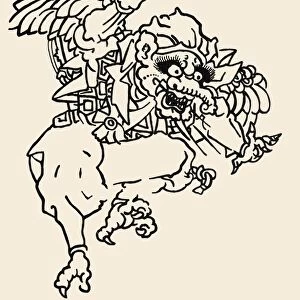 A Tengu, a winged demon of Japanese folklore. Line drawing after a woodblock print