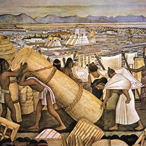 TENOCHTITLAN (MEXICO CITY). Great Tenochtitlan / The Market: detail from Diego Riveras mural of market day in the Aztec capital. The Great Temple is seen in background