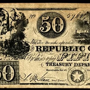 TEXAS BANKNOTE, 1839. Fifty dollar banknote issued by the Treasury Department of