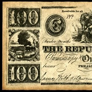 TEXAS BANKNOTE, 1839. Note for one hundred dollars issued by the Treasury Department