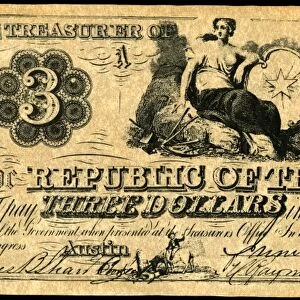 TEXAS BANKNOTE, 1841. Note for three dollars issued by the Treasury Department