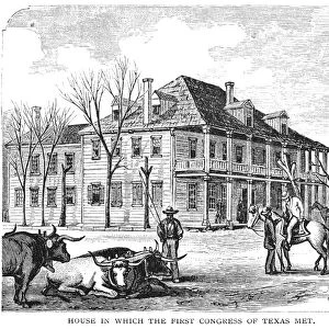 TEXAS CONGRESS, 1837. The house in Houston, Texas, where the first Congress of the Republic of Texas convened in 1837. Wood engraving, 19th century