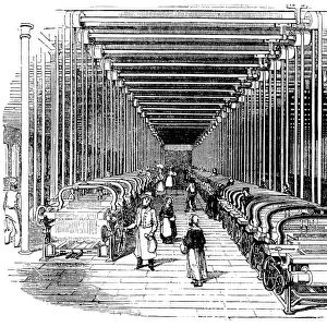 TEXTILE MANUFACTURE, 1830. Cotton looms at Lancashire mill. Line engraving, English