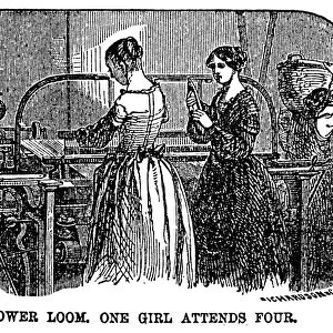 TEXTILE MANUFACTURE, 1860. Power loom in a Massachusetts textile mill. Wood engraving