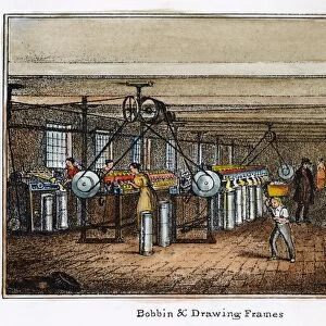 TEXTILE MILL, c1840. Bobbin and drawing frames in a New England cotton textile mill