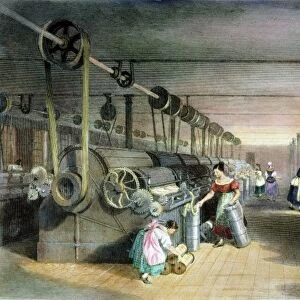 TEXTILE MILL: COTTON, 1834. Carding, drawing, and roving of cotton cloth in a textile mill: engraving, 1834