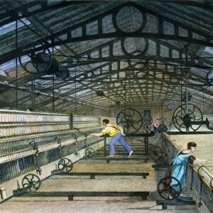 TEXTILE MILL: COTTON. Mule Spinning of cotton cloth: colored engraving, 1834