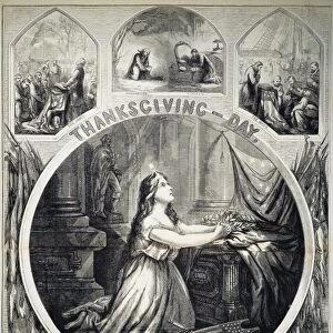 Thanksgiving-Day. Cartoon by Thomas Nast, 1863, on President Lincolns declaring 26 November 1863 the first national day of Thanksgiving