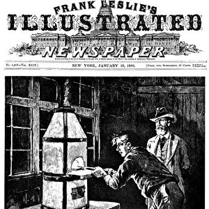 THOMAS EDISON (1847-1931). American inventor. The Wizard of Electricity, Edison, is depicted experimenting with carbonized paper in his Menlo Park, New Jersey, laboratory. Wood engraving from an American newspaper, 1880
