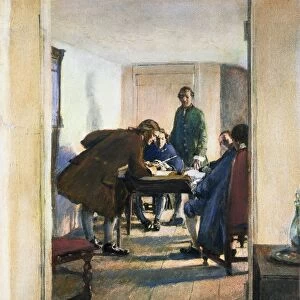 Thomas Jefferson, Richard Henry Lee, Patrick Henry, and Francis Lightfoot Lee meeting at Raleigh Tavern, Williamsburg, Virginia, in 1773 to establish the Committee of Correspondence. Illustration by Howard Pyle, 1896