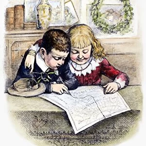 THOMAS NAST: CHRISTMAS. Children tracing Santa Claus route from the North Pole. Wood engraving, 19th century, after a drawing by Thomas Nast