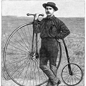 THOMAS STEVENS, 1884. American bicyclist, Thomas Stevens, who cycled from San Francisco, California, to Boston, Massachusettes, in an attempt to bicycle around the world. Wood engraving from an American newspaper of 1884