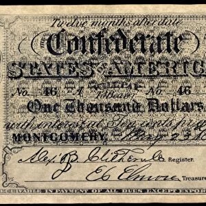 One thousand dollare banknote issued by the Confederate States of America at Montgomery, Alabama, 1861. John C. Calhoun is on the left; Andrew Jackson is on the right