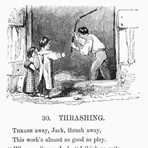 THRESHING, 19th CENTURY. Threshing with a flail. Wood engraving, American, mid-19th century