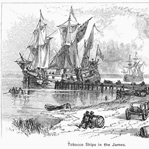 TOBACCO SHIPS, 17th CENTURY. English tobacco ships in the James River, Virginia, in the 17th century. Line engraving, 19th century