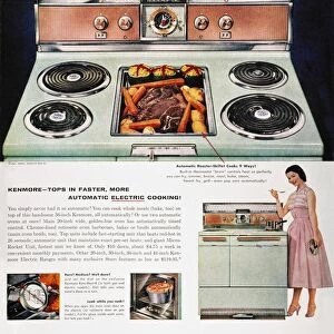 Tops for Automatic Cooking! : advertisement for a Sears Kenmore electric range from an American magazine of 1957